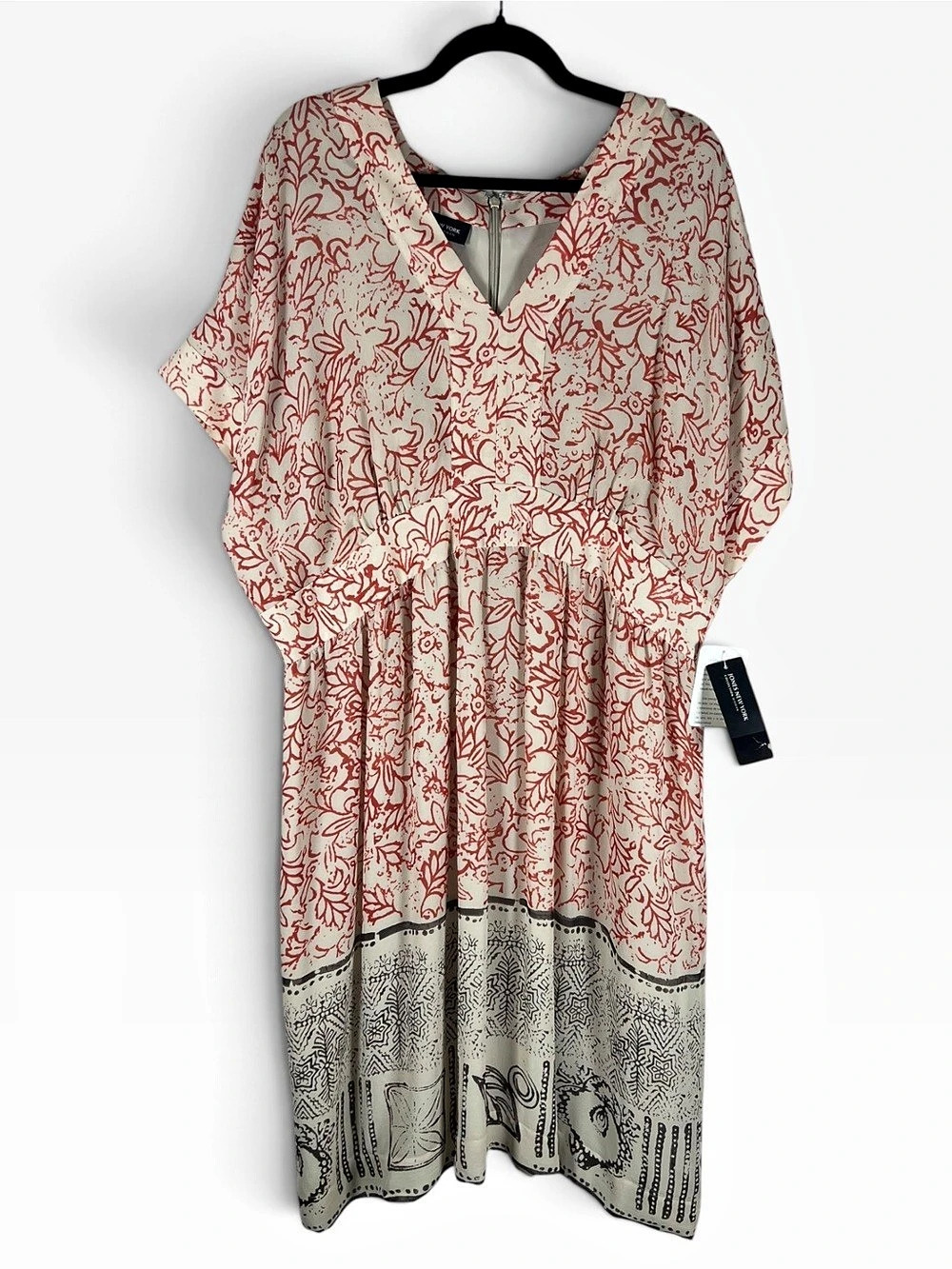 Jones New York Womens Babydoll Dress Ivory Red Size 18W Silk Floral Boho NWT